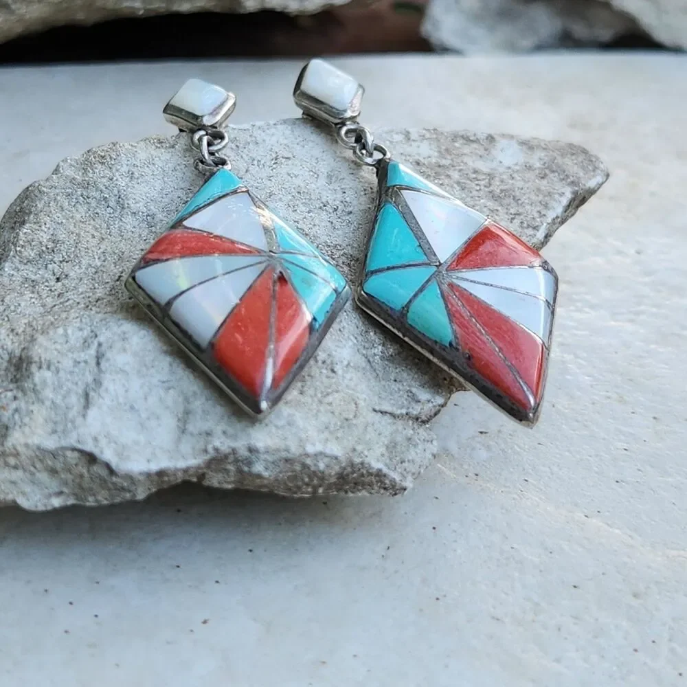 Vintage Zuni Channel Inlay Diamond Drop Earrings Turquoise MOP